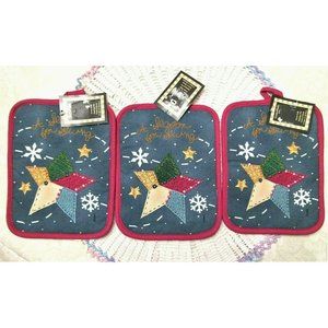 3 Kitchen Works Holiday Quilted Applique Potholders "A Season Of Giving" New